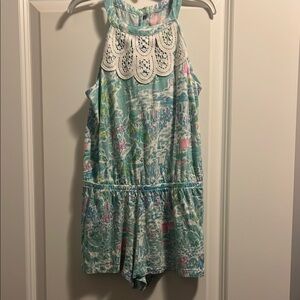 Lilly Pulitzer Girls Blue and Pink Romper with Lace Detail